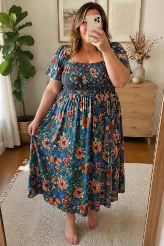 Image of RITERA Plus Size Dresses for Curvy Women Square Neck Short Sleeve Summer Floral Smocked Maxi Dress with Pocket XL-5XL