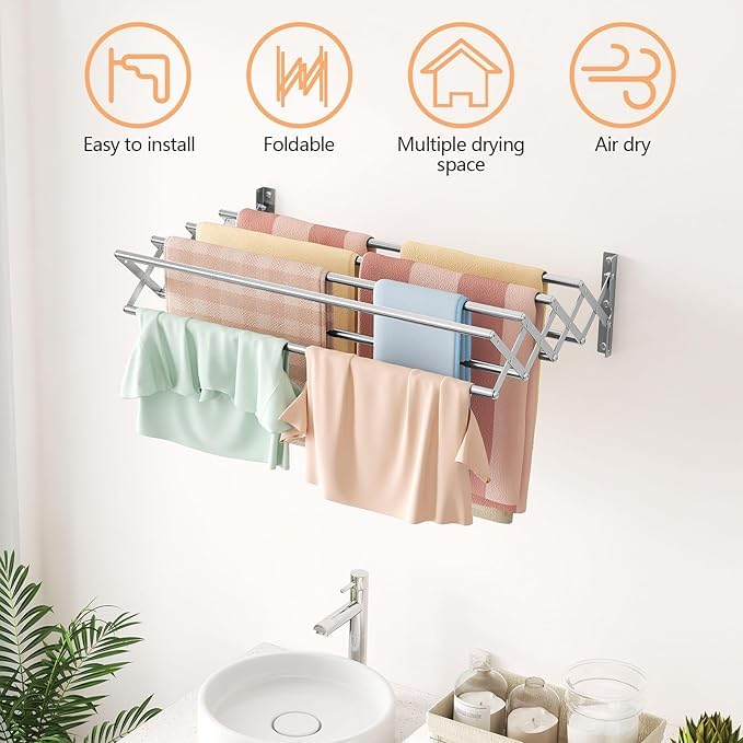 Image of Omega-Pro Stainless Steel Foldable Cloth Dryer Stand Double Rack Cloth Stands for Drying Clothes Steel [ Cross ] (WALL Mount)