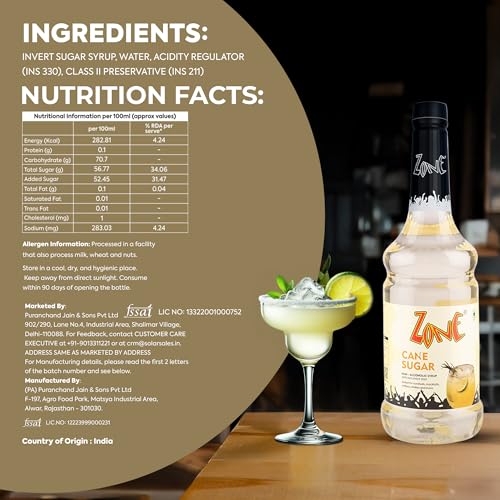 Image of Zone Cane Sugar Flavoured syrup 1000ml | Classic Sweetener & Drink Mixer for Cocktails, Mocktails, Coffees, Iced Teas, Lemonades, Milkshakes & Desserts | Premium Bar Syrup 1 Litre - More Servings, Perfect For Cafe Restaurants & Professional Use