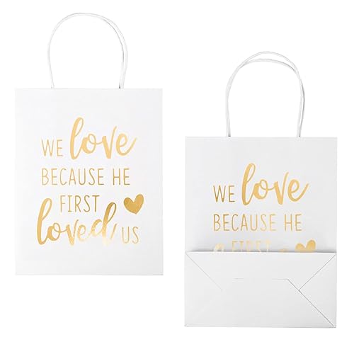 Miniatura 3 de WRAPAHOLIC Bolsas de regalo de tamaño mediano papel de aluminio dorado We Love Because He First Loved Us bolsas de papel blanco con asas para los