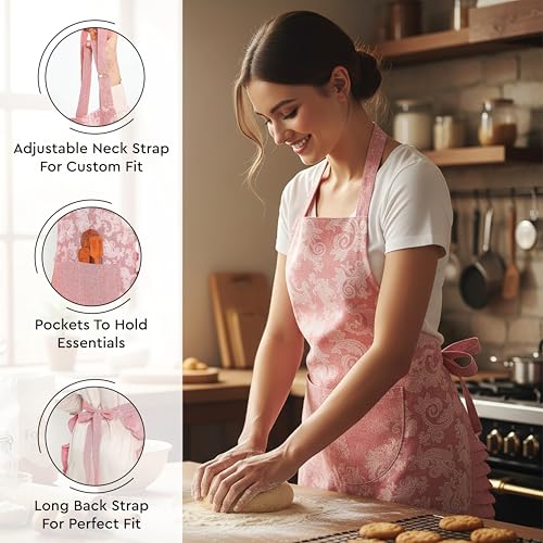 Image of Encasa XO 100% Cotton Apron Set for Women & Men with Adjustable Apron, Oven Gloves & Pot Holder (Pack of 3) Combo, Heat-Resistant, Soft & Durable for Cooking, Baking & Grilling (Floral Red)