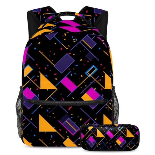 Sac à dos motif géométrique carré avec trousse assortie design multicolore