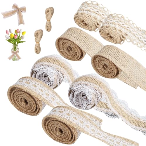 8 Rollos de Cinta de Arpillera, Cinta de Yute Decorativa, Rollo de Cinta de Yute con Encaje, Tela Arpillera Rollo con 2 Cuerda de Yute, Cinta de Yute Vintage para Envolver Regalos, Decoraciones