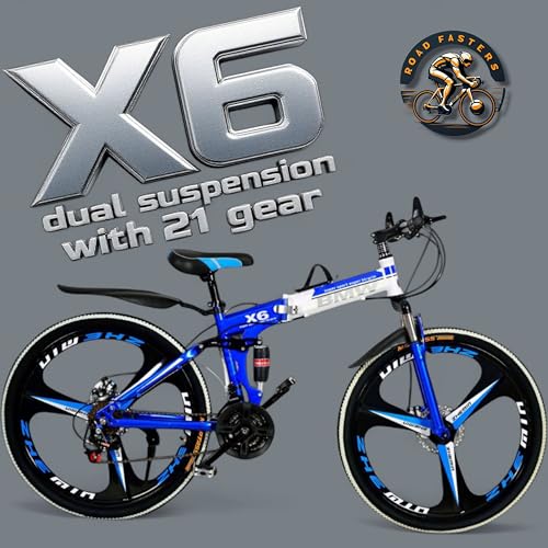 Image of X6 Series 21-Speed Gear Cycle for Men | Foldable 26-Inch Bicycle with Spoke Alloy MacWheels, Dual Disc Brakes & Dual Suspension | Off-Road & City Riding Bike (Blue 3 Spoke)