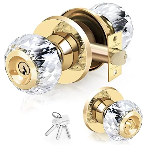 LOQRON Crystal Door Knobs with Lock and Keys, Glass Door Knobs with Privacy Lock, Luxurious Diamond Door Knob, Classic Interior Glass Door Knobs for Bedroom Bathroom Gold,1 Pack Cover