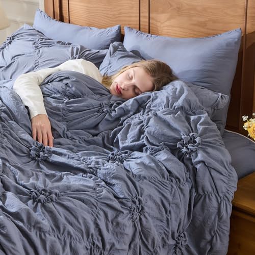Image of Grey Comforter Set King Size Bed in A Bag 7 Piece Pinch Pleat Bedding Set,Pintuck Ruched Flowers Bed Set with Comforter, Sheets, Pillowcases & Shams