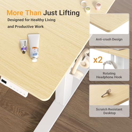 Image of YDN 32 inch Small Electric Standing Desk Adjustable Height, Sit Stand up Desk with Memory Presets & Cable Management, Home Office Desk for Office & Computer Workstation, White Frame /Nature Top