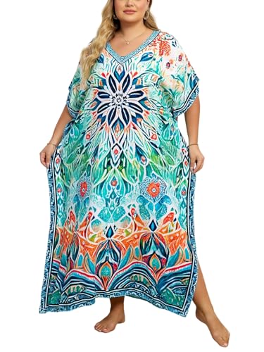 Image of KECVOT Kaftan Dresses for Women V-Neck Print Swimsuit Cover Up Plus Size Beach Caftan Lounge Dress