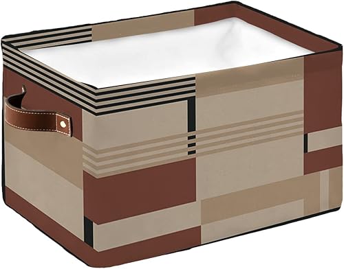 Brown Beige Geometric Storage Basket for Organizing Shelves, Collapsible Storage Bins Boxes with Handle, Modern Plaid Striped Black Lace Art Canvas