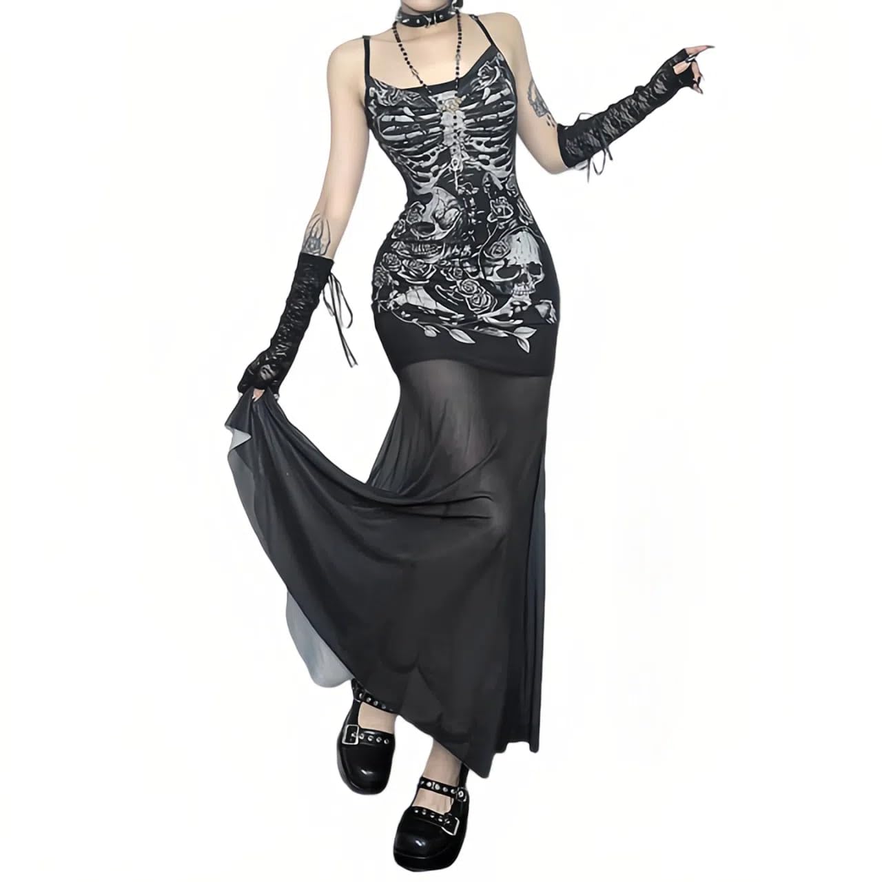 Women Vintage Floral Print Spaghetti Strap Maxi Dress Dark Gothic Sheer Mesh Sleeveless Bodycon Dresses for Party Club: X-Small Black Skull