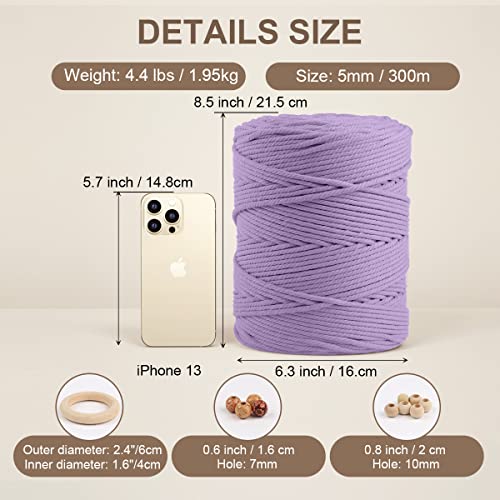Image of ZUEXT Macrame Cord, Light Violet, 5mm x 328yds Cotton String Macrame Yarn