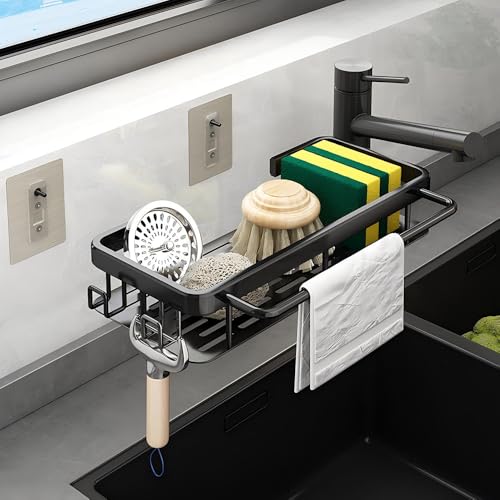 Sponge Holder Kitchen Sink Caddy Organizer Wall Mount Sponge Holder with Drainer Shampoo Soap Storage Shelf Toilet Balcony Bathroom Dishwashers Wire Rags Sponge Sink Drain (Black)