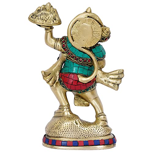 Image of eCraftIndia Golden and Colorful Stone Work Handcrafted Brass Lord Hanuman Statue Carrying Sanjeevani Mountain - Religious God Idol for Home, Office, Temple - Gift for Hanuman Jayanti Festival