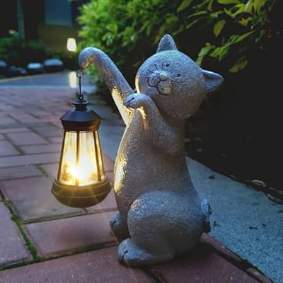 Qobumy Cat Solar Garden Statues,Resin Cat Figurine Decorations with Solar Lights Lantern, Outdoor Figurines Lawn Cats Statue Decor Art for Lawn,Yard, Balcony Ornament,Gift for Garden Home Mom.