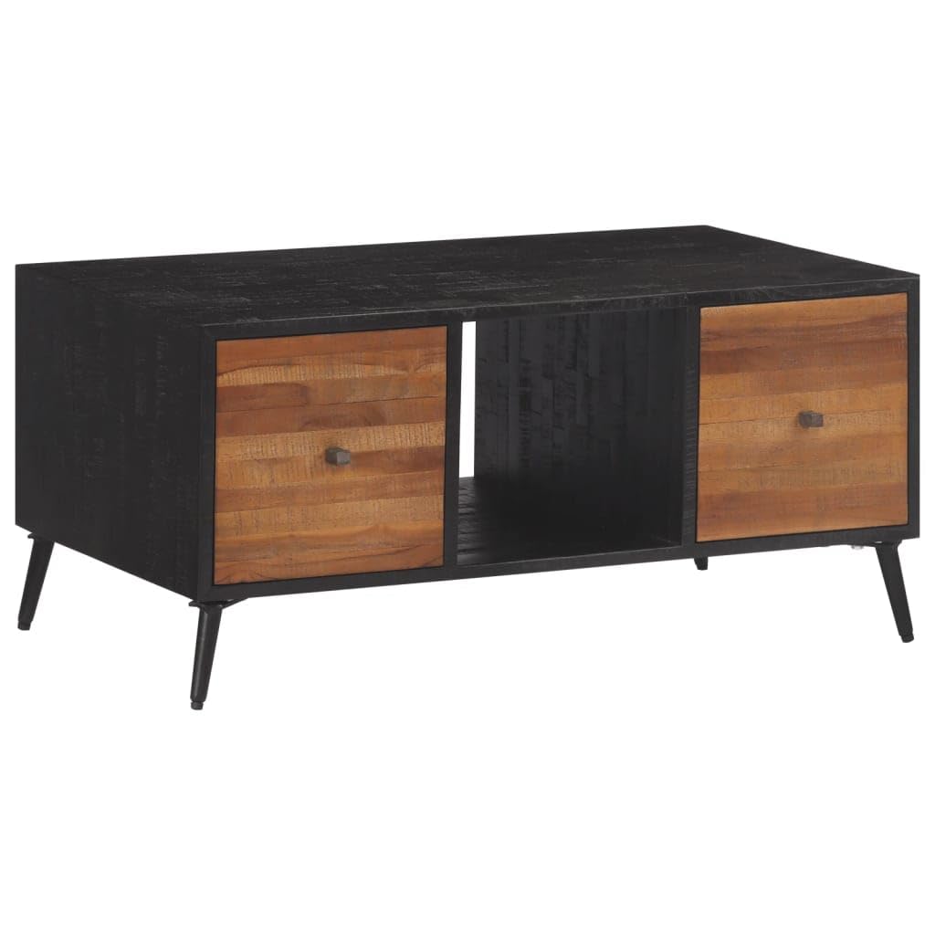 Table basse teck massif de récupération et cadre fer noir style industriel