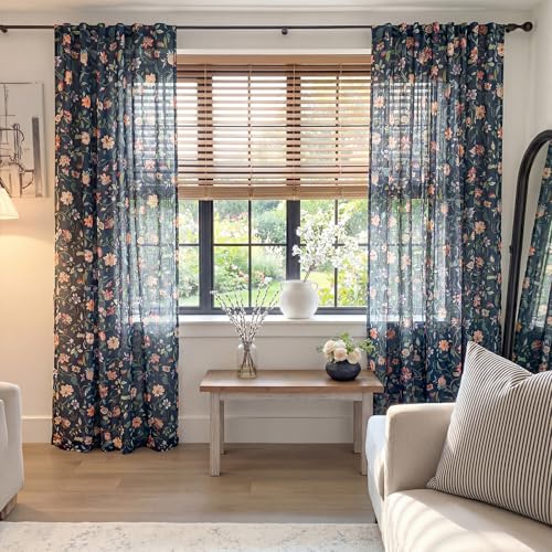 Image of jinchan Dark Blue Floral Linen Curtains 84 Inch Vintage Back Tab 2 Panels