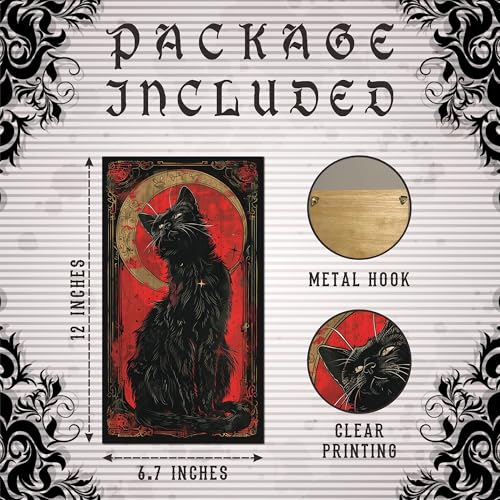 Halloween Retro Wooden Hanging Sign, Gothic Black Cat & Moon Wall Art With 2 Hook On The Backside, Artwork Witchcraft, Cat Lover Decorative Sign For Bedroom, Home & Office Decor(Red) - A03 - image 2