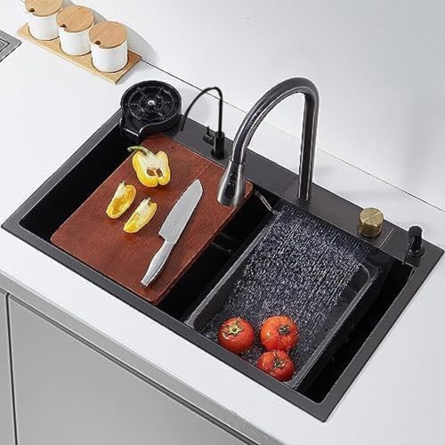 Image of HAPPY HOMES 304 Stainless Steel Kitchen Sink 24X18X10 With Integrated Waterfall And Pull Down Faucet-Fruit Basket With Complete Accessories,Black [PRO]