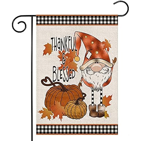 EKOREST Thanksgiving Gnome Fall Garden Flags,Thankful Blessed Gnome with Pumpkins Yard Flags,Small Thanksgiving Gnome Garden Flag for Farmohouse Lawn Holiday,12x18 Double Sided Cover