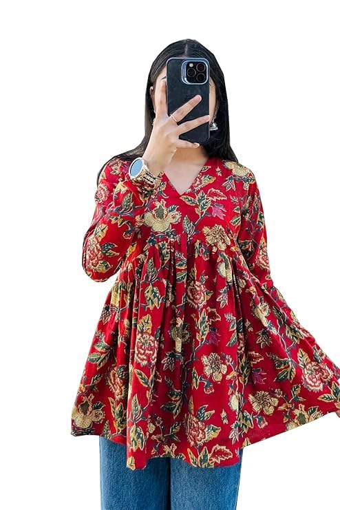 Women’s Floral Print Empire Waist Top, Long Sleeve Blouse with V-Neck, Casual Flowy Tunic