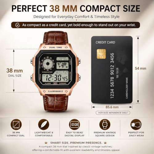 Image of Digital Watch for Men Square Dial Brown Leather Strap Rose Gold Case