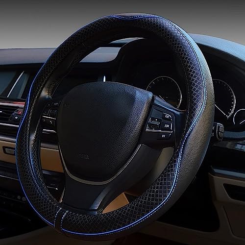 ESEWALAS Universal Car Steering Wheel Cover Anti-Slip Leather Steering Wheel Cover Sports Style Steering Wheel Protector Car Interior Accessories Auto Steering Wheel Covers (Black with Blue)