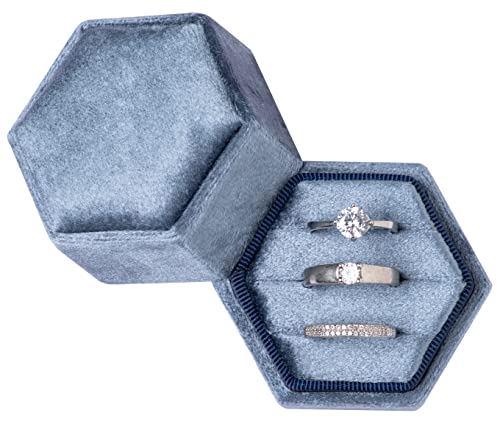Giftop Equal Boîte de rangement hexagonale en velours pour bague de mariage, cérémonie, demande en mariage, fiançailles, anniversaire (bleu vintage)