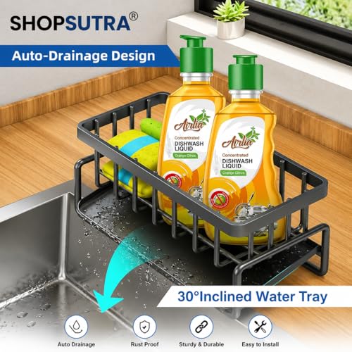 Image of Kitchen Sink Organiser with Drain Tray, Countertop Storage Rack for Dish Soap Sponge Scrubber, Metal Wire Design, Black