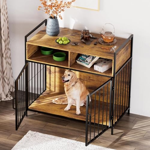Hundekäfig Möbel, Hundebox für Zuhause, Hundekiste für Hunde, Hölzerne Hundezwinger mit Schublade, 2 Türen, Moderne Hundehütte Holz Indoor für Große Hunde, Hundekäfig für Zuhause, 100x52x93 cm, Braun
