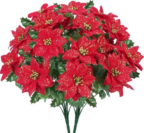FALSKT 2PCS Flor de Pascua Artificial Interior Exterior Flores de Pascua Rojas con Brillo Dorado Flores Artificiales Navideñas Rojas para Decoración Navideña Hogar Sala de Estar Tienda