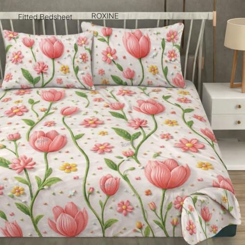 Image of RUMPS 380 TC Premium Heavy Cotton 7D Print Fast Colour Feel Elastic Fitted Floral Bedsheet King Size with 2 Pillow Covers || (RED TUILP, Fitted - 72 inchx78 inch King)