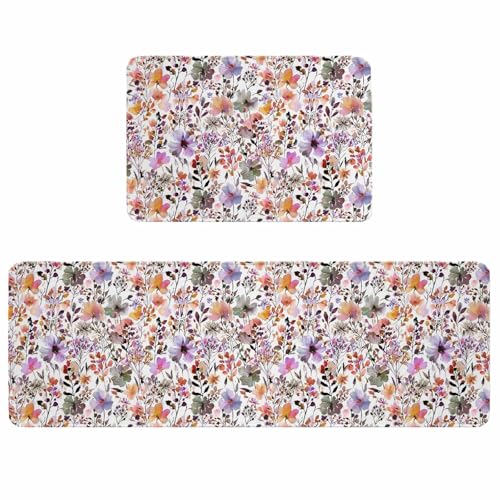 Watercolor Floral Kitchen Rugs and Mats Set of 2, Non-Slip