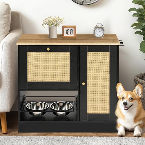 Dog Feeding Station with Rattan Storage Cabinet, Pet Feeder Cabinet with 2 Elevated Dog Bowls ? Side Hooks, Pet Food Storage Cabinet Tilt Out Hidden Pet Feeder Station for Feeding & Watering (Style B)