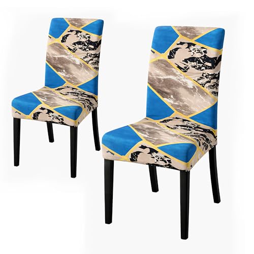 Image of Dining Chair Covers Set of 2, Stretchable Removable Washable Anti-Slip Universal Fit Printed Polyester Spandex Slipcovers (Blue Marble)