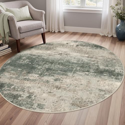 Image of BEIMO Round Rugs 5FT for Living Room Bedroom, Modern Abstract Machine Washable Circle Rug, Soft Low Pile Floor Cover with Non Slip Backing for Dining Room, Grey /Dark Green