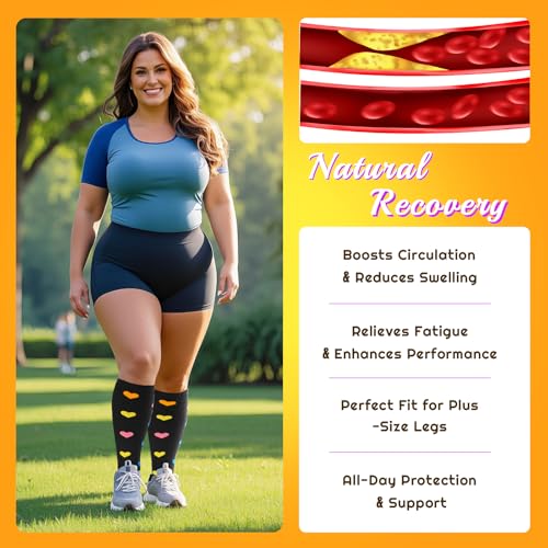 Image of Plus Size Compression Socks for Women & Men 3 Pairs, Wide Calf Extra Large 20-30 mmHg Knee High Support Socks for Travel, Running, Nurse