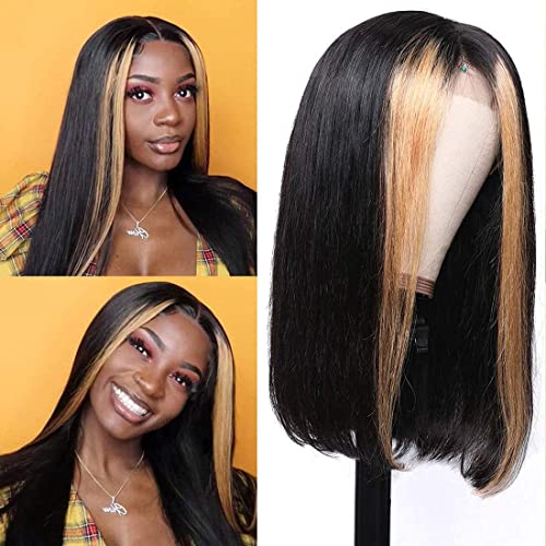 Highlight Silk Straight Lace Closure Wig Human Hair For Black Women Pre Plucked Hairline 1B/30 Color Straight Hightlight 4x4 Lace Front Wigs 150% Density 14 inch