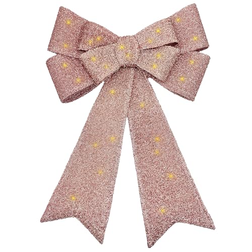 Relsy Lazo de Navidad preiluminado de oro rosa, intermitente, regulable, opciones de temporizador y control remoto, lazo grande de 55 cm, lazo grande para puerta de Navidad, decoración de árbol de