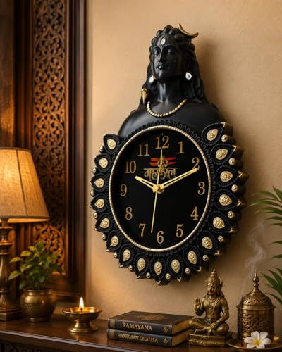 Image of Mahakal Lord Shiva Decorative Wall Clock | Spiritual Shiv Ji Analog Quartz Timepiece | Antique Black & Gold Finish |Wall Decor for Living Room, Pooja Room, Office & Housewarming Gift