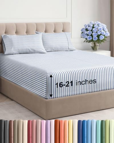 Image of Extra Deep Pocket Queen Sheet Set - Breathable & Cooling - Blue Stripes