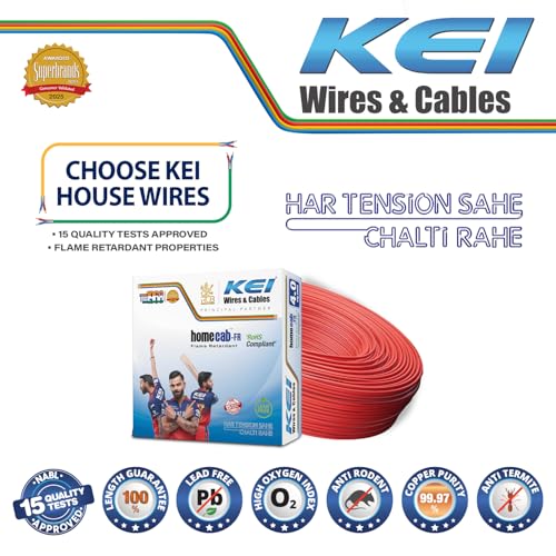 Image of KEI WIRES & CABLES Homecab 4 sqmm 1 Core Copper Flame Retardant House Wire PVC Insulated Cable for Domestic & Industrial Electrical Wiring (Red, 90 Meters)
