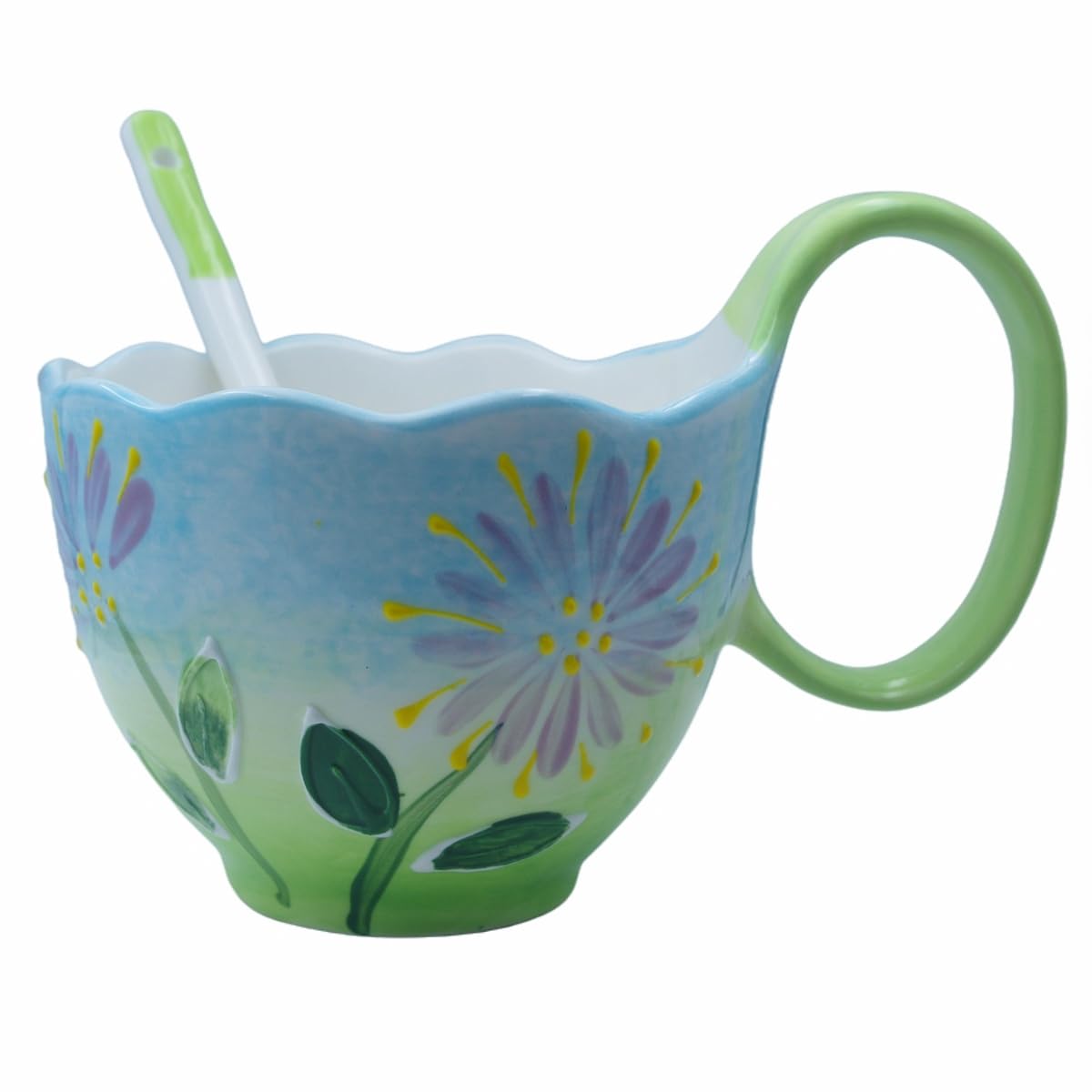 17.64 Oz Microwavable Soup Bowl with Handle, Handmade Chrysanthemums Relief Decorative Soup Bowls with Handles, Ceramic Soup Bowl with Spoon for Holding Fruits Cereal Snack, Chili, Ice Cream, Stew