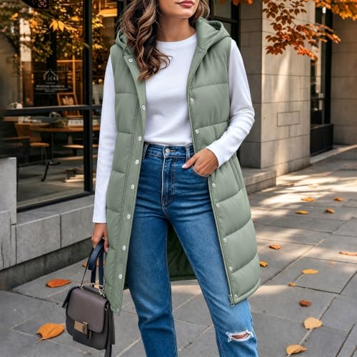 XOGWVJ Womens Long Vests Sleeveless Outerwear Womens Puffer Vest Long Hooded Sleeveless Coat Winter Warm Quilted Zip Up Jacket with Pockets Casual Cold Outerwear Green XL - image 6