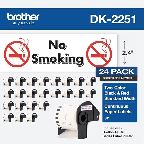 Image of Brother Genuine DK-225124PK Continuous Length Replacement Labels, Black /Red Label on White Paper Tape, Engineered with Excellence, 2.4 inch x 50 feet, (24) Rolls per Box (DK225124PK)