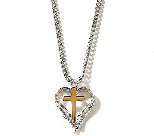 Dicksons Heart with Jewel Accents and Gold-Tone Cross Silver-Plated 18-Inch Pend