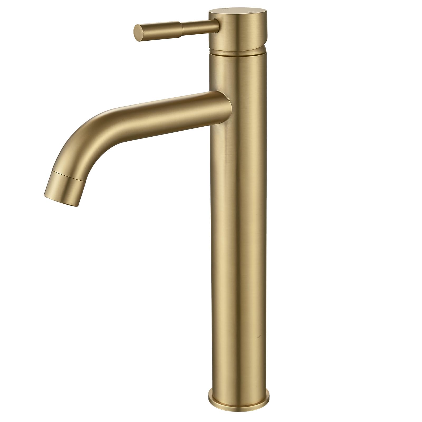 ANVLOJRIH Tall Basin Taps, Brushed Gold Solid Brass High Rise Bathroom Sink Tap Mixer, Countertop Cloakroom Washroom Faucet