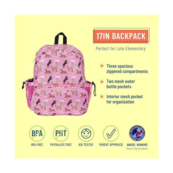Wildkin 17 inch kids backpackdurable lightweight school bag for boys girls horses in pink  urban country home decor