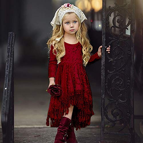 Quenny New Children's Gold Velvet Long-Sleeved Fringed Dress,red Sweet Princess Dress.2