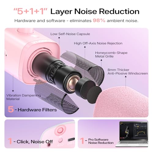 Image of MAONO PD100W Wireless USB Dynamic Microphone, Gaming PC Mic with One-Click Noise Reduction,Mute Button,Custom RGB,3.5mm Headphone Jack,Software,Podcast Streaming Mic (Boom Arm(USB-C Receiver), Pink)