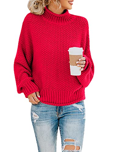Saodimallsu Damen Pullover Oversize Rollkragen Knitted Sweater Fledermaus Langarm Loser Grobstrick Strickpullover Rot L